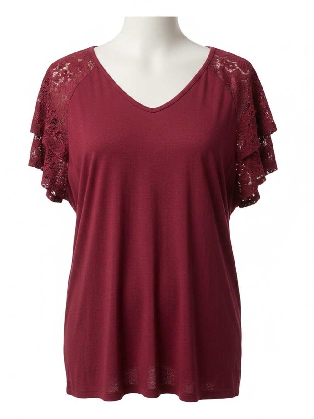 Women's Lace Flutter Sleeve V-Neck Top - Burgundy